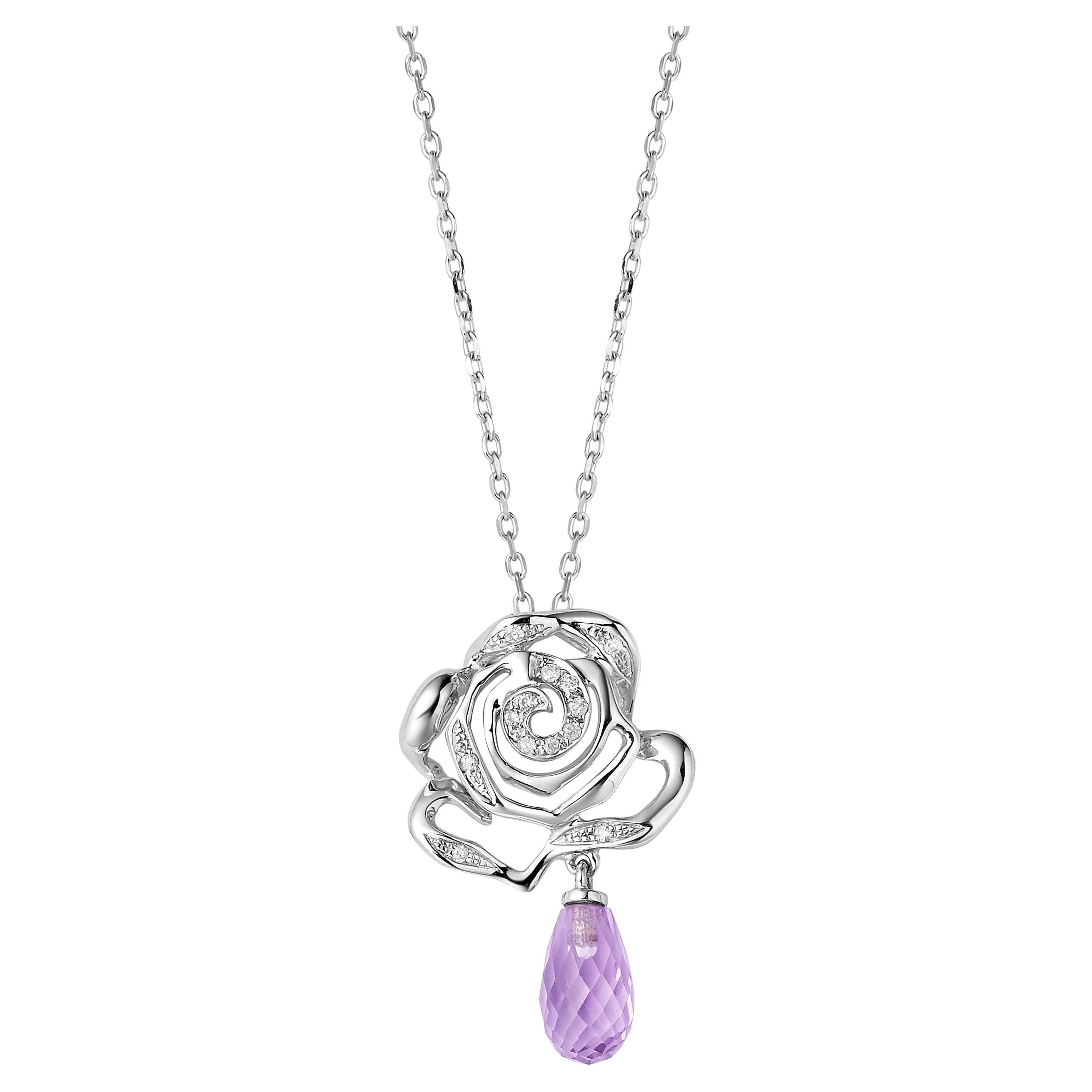 Fei Liu Diamond Purple Amethyst Briolette 18 Karat White Gold Rose Pendant