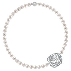 Fei Liu Diamond Rose 18 Karat White Gold Single Strand Pearl Necklace