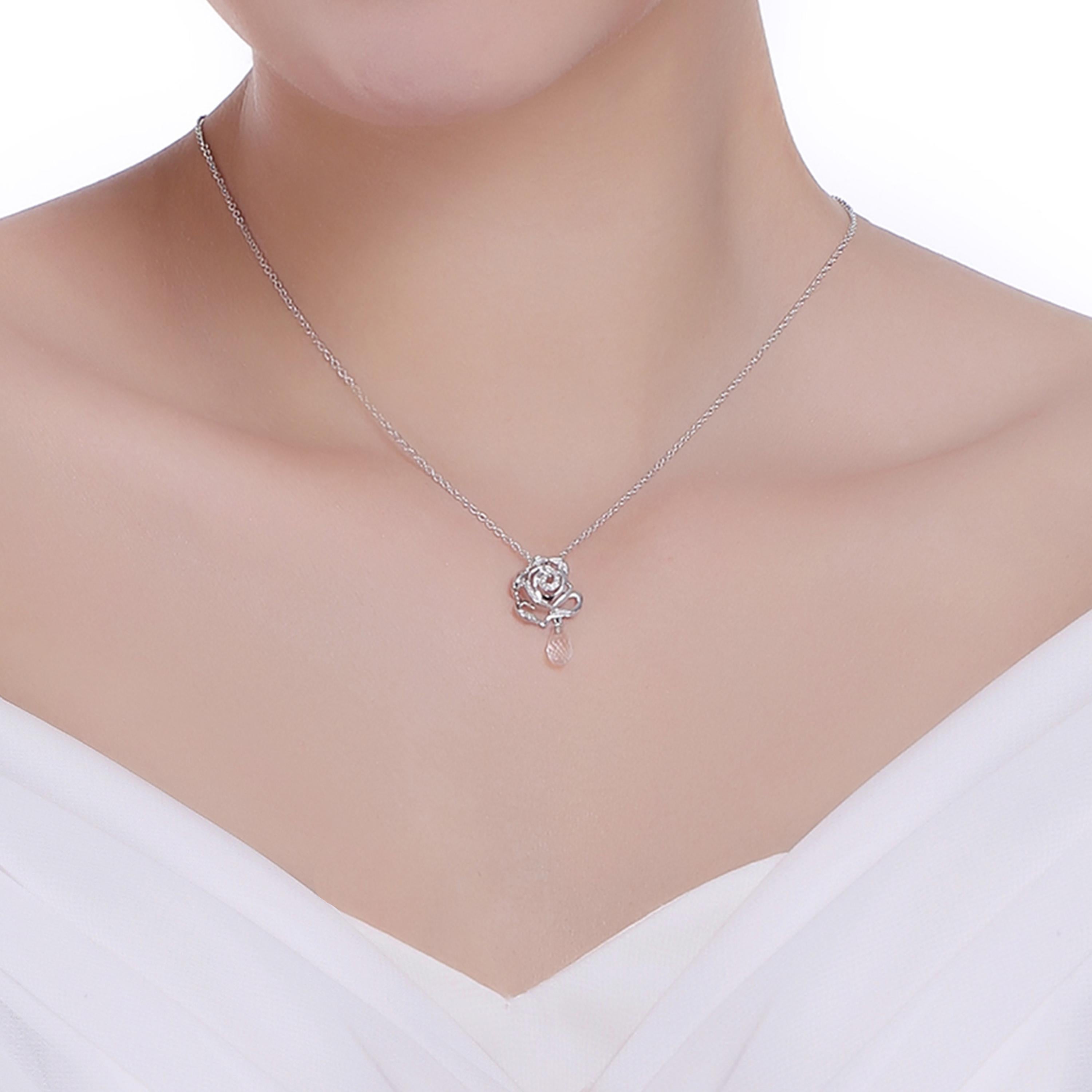 Contemporary Fei Liu Diamond Rose Quartz Briolette 18 Karat White Gold Rose Pendant For Sale