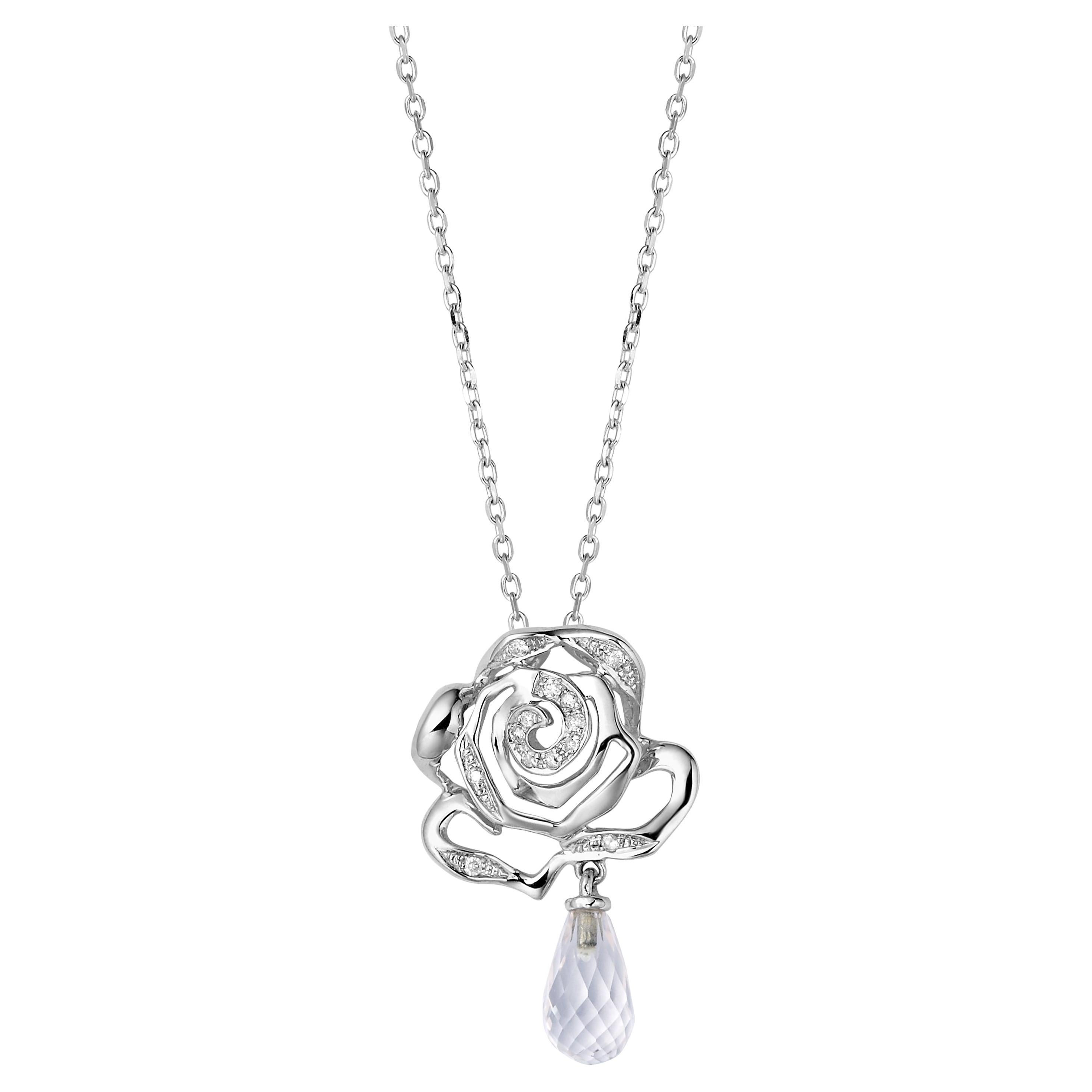 Fei Liu Diamond Rose Quartz Briolette 18 Karat White Gold Rose Pendant For Sale