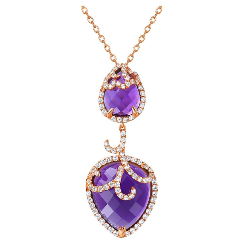 Fei Liu Double Amethyst Rose Gold Plated Sterling Silver Pendant Necklace For Sale