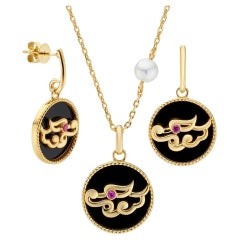 Fei Liu Dragon, Agate and Synth. Ruby Gold-Plated 925 Silver Pendant and Earring