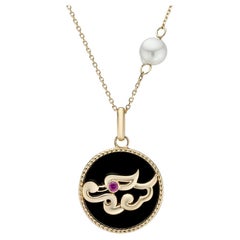 Fei Liu Dragon, Black Agate and Synthetic Ruby 14K Yellow Gold  Pearl Pendant