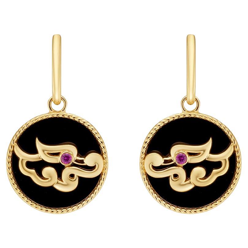 Fei Liu Dragon, Black Agate and Synthetic Ruby Gold-Plated 925 Silver Earrings For Sale