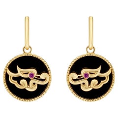 Fei Liu Dragon, Black Agate and Synthetic Ruby Gold-Plated 925 Silver Earrings