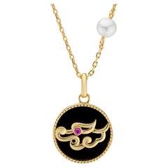 Fei Liu Dragon, Black Agate and Synthetic Ruby Gold-Plated 925 Silver Pearl Pend