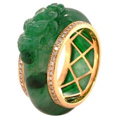 Fei Liu Dragon Jade and Diamond 18 Karat Yellow Gold Ring - Size M1/2
