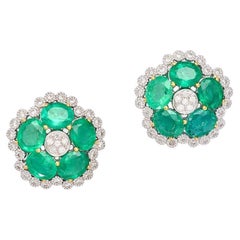 Fei Liu Emerald and Diamond 18 Karat White Gold Flower Cluster Stud Earrings