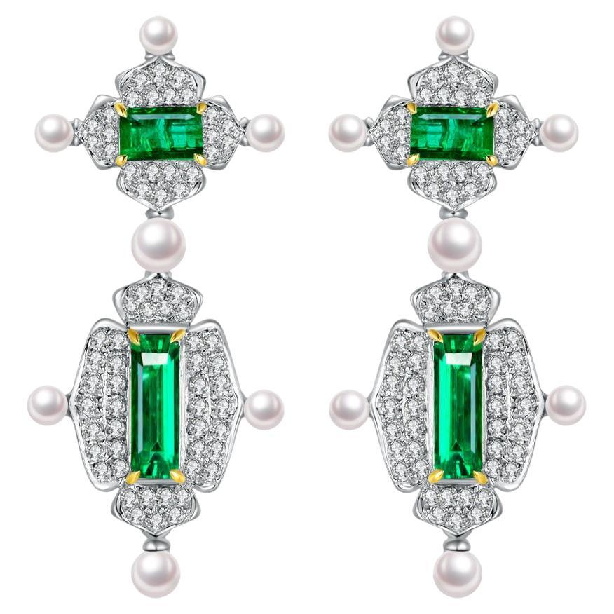 Fei Liu Emerald Diamond Pearl 18 Karat White Gold Drop Earrings