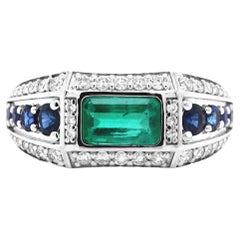 Fei Liu Emerald Sapphire Diamond 18 Karat White Gold Ring