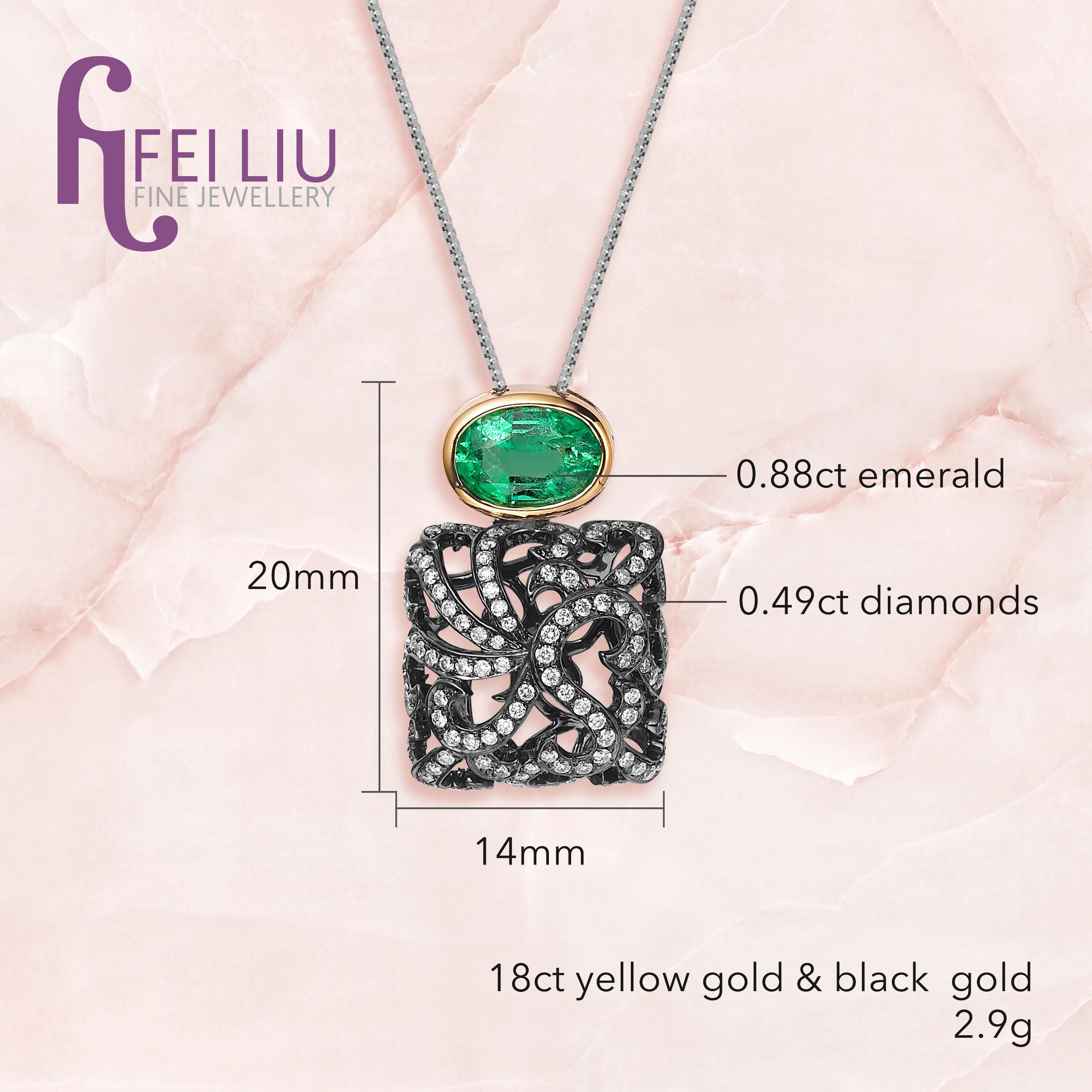Contemporary Fei Liu Emerald Yellow Gold Diamond Black Gold Necklace
