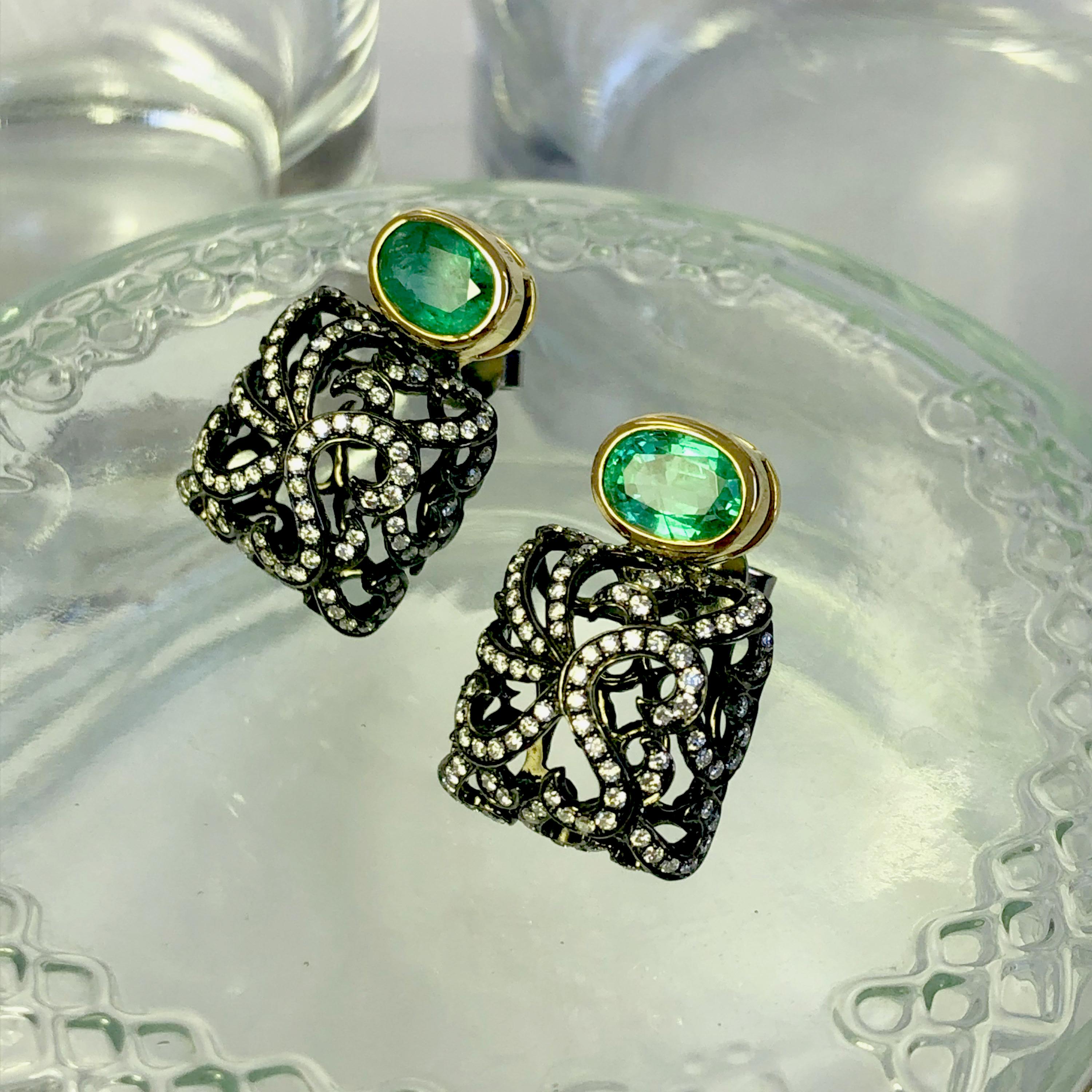 Oval Cut Fei Liu Emerald Yellow Gold Diamond Black Gold Studd Earrings