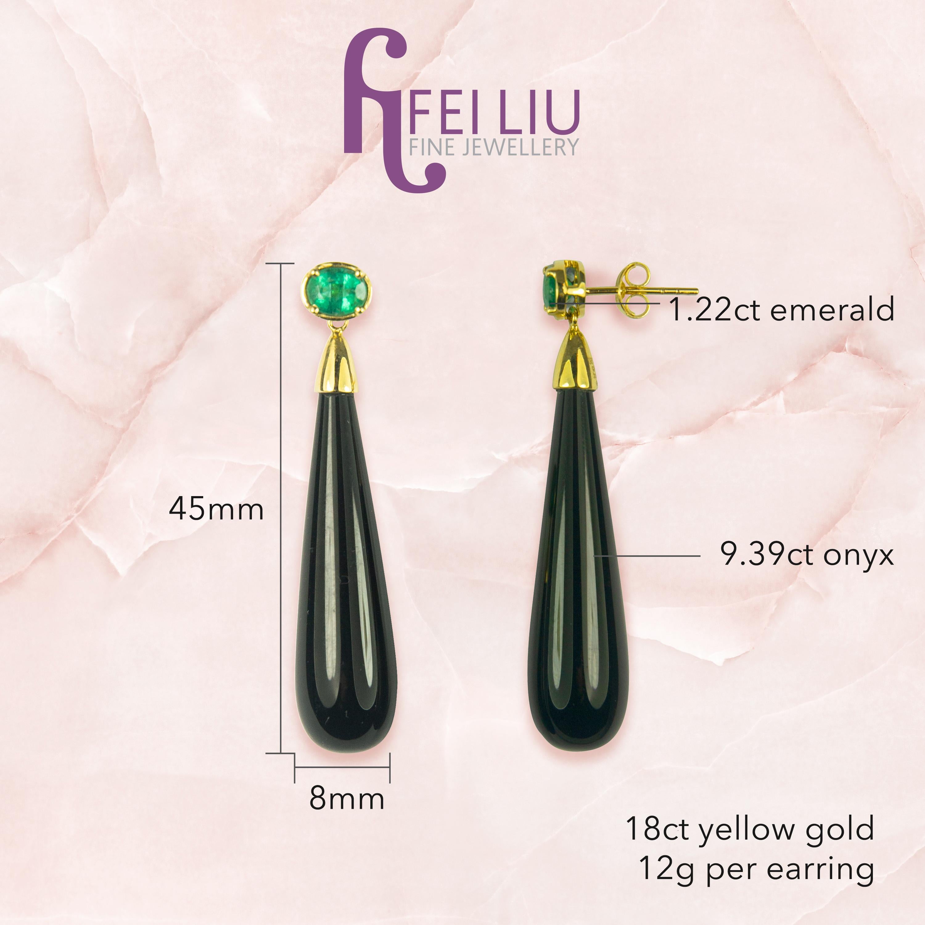 Description:
Drop earrings with 9.39ct black onyx and 1.22ct emerald, set in 18ct yellow gold.  

Inspiration:
A pair of classic and bold drop earrings to take you through any special occasion. The organic onyx coupled with the vivid emerald gives a