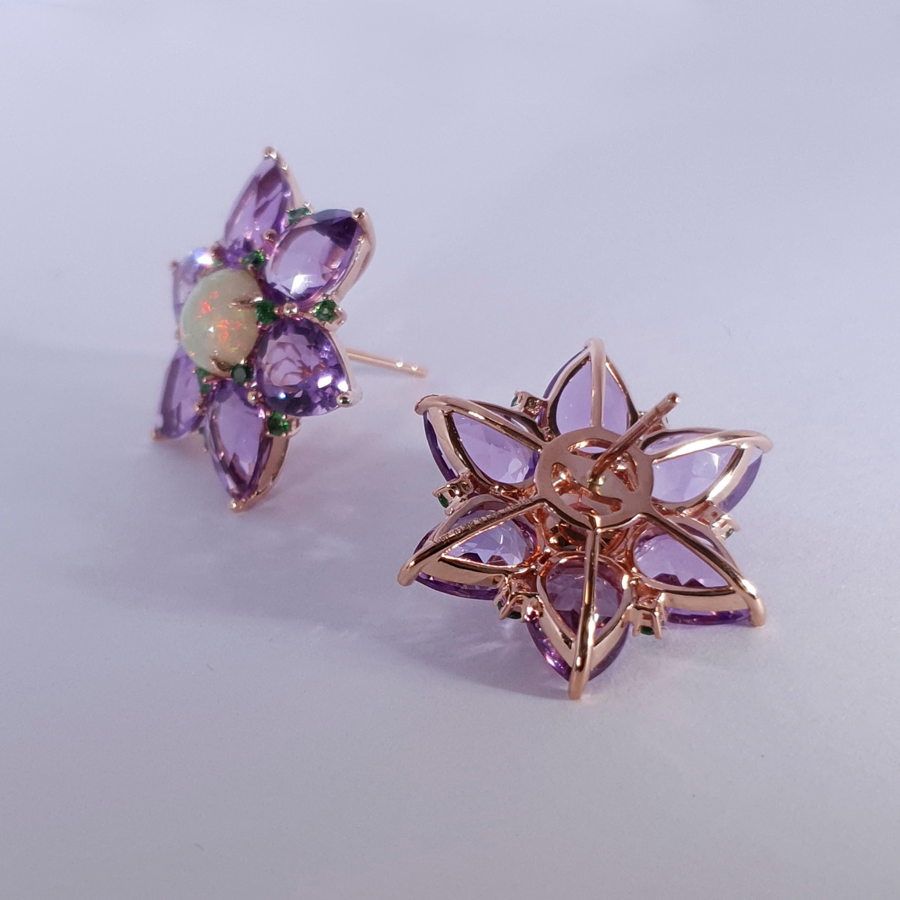 Contemporary Fei Liu Flower Purple Amethyst Opal Demantoid 18 Karat Rose Gold Stud Earrings