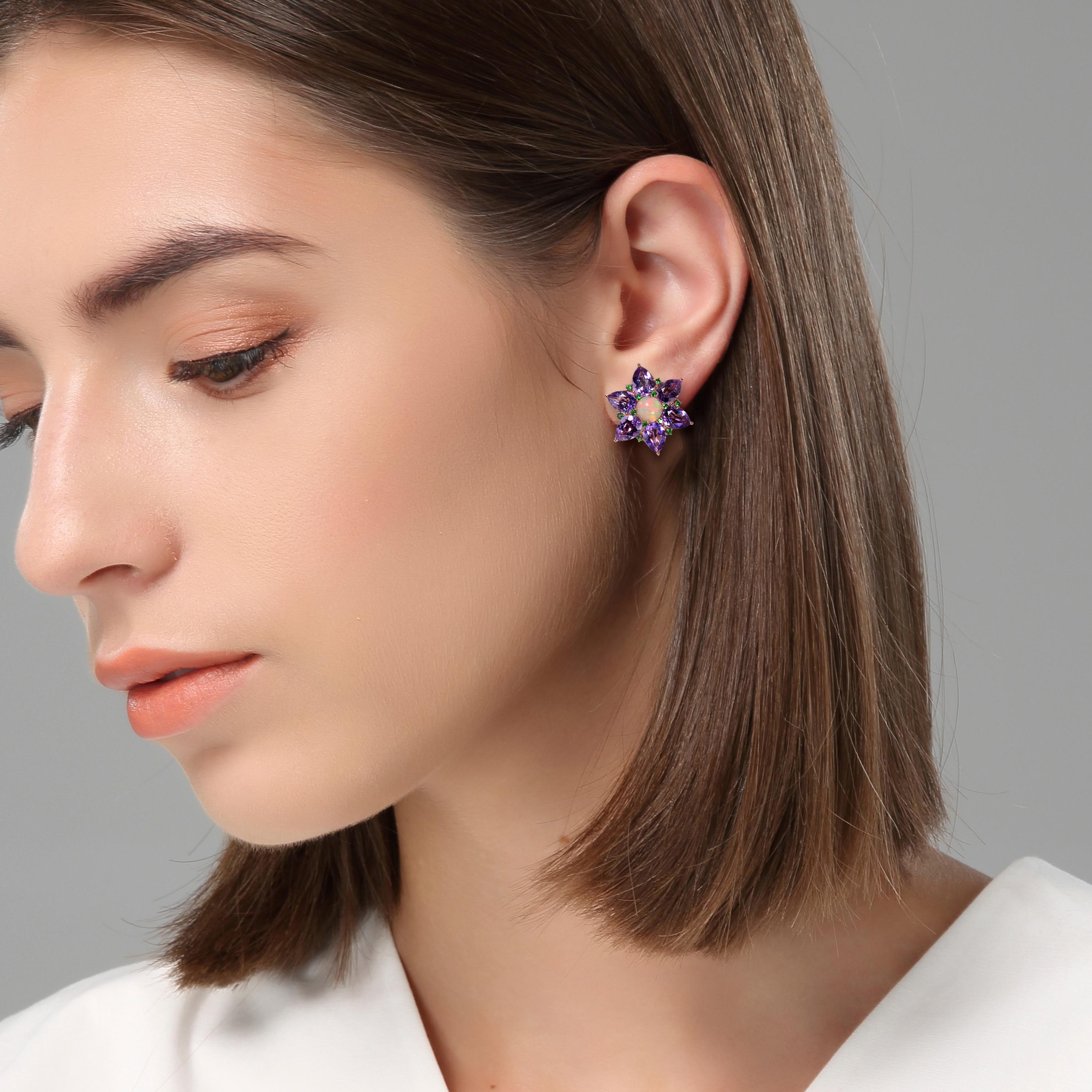 Pear Cut Fei Liu Flower Purple Amethyst Opal Demantoid 18 Karat Rose Gold Stud Earrings