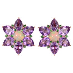 Fei Liu Flower Purple Amethyst Opal Demantoid 18 Karat Rose Gold Stud Earrings