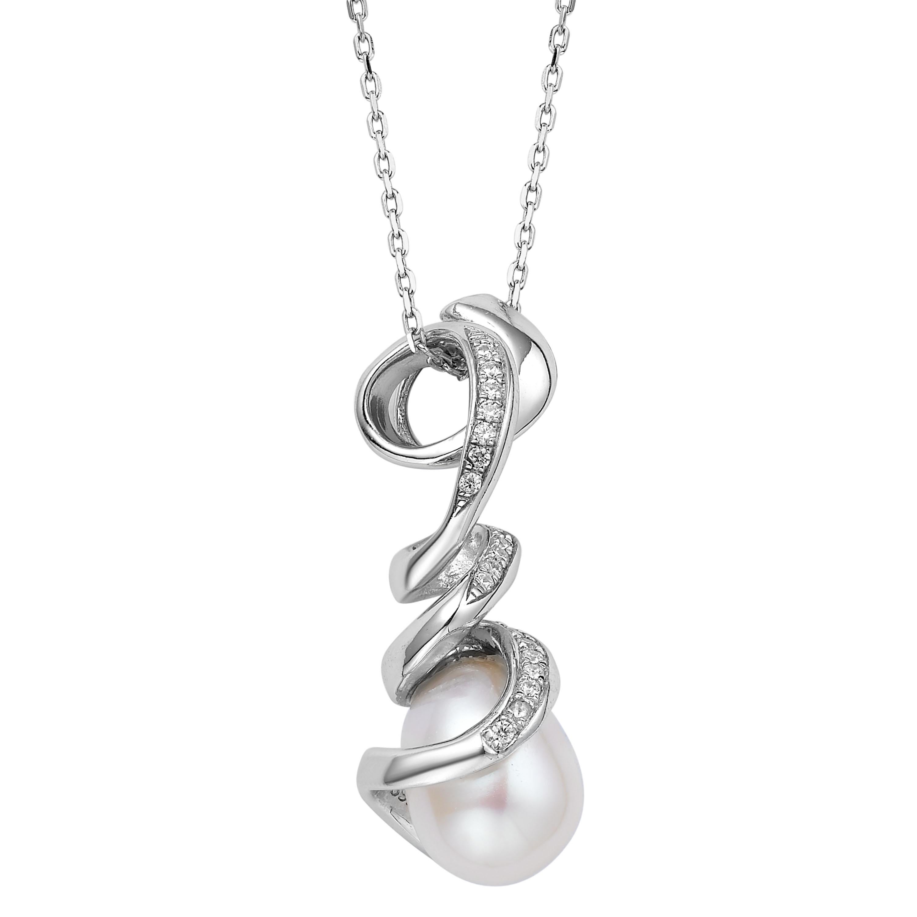 Mirroring the movement of the graceful ballet dancer, the Pirouette pendant features a delicate swirl of sterling silver. With scintillating precision-cut cubic zirconia and lustrous pearl, this pendant is a perfect accompaniment for work or an