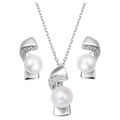Fei Liu Freshwater Pearl CZ Sterling Silver Stud Pendant and Earring Set