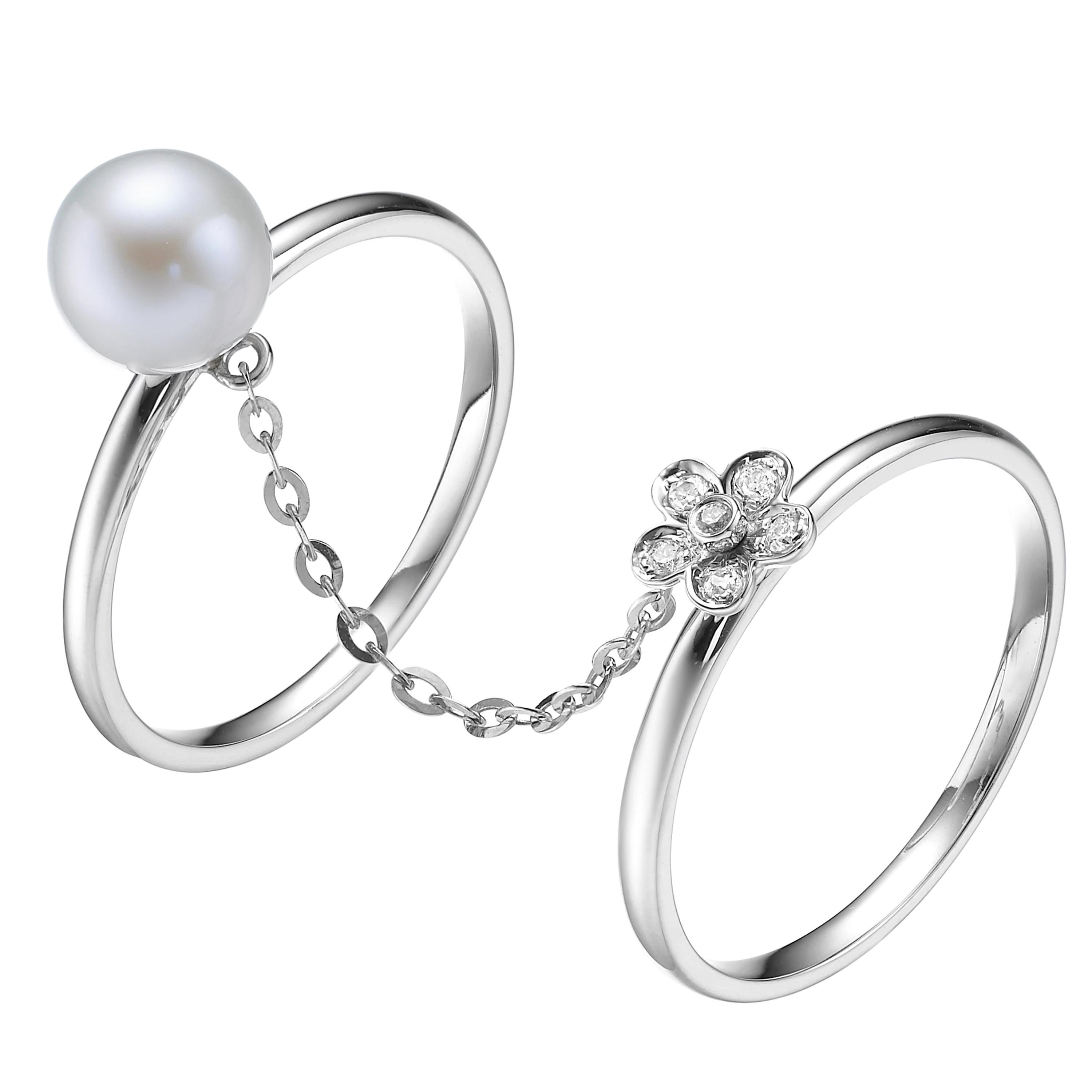 Fei Liu Freshwater Pearl Diamond 18 Karat White Gold Flower Chain Ring