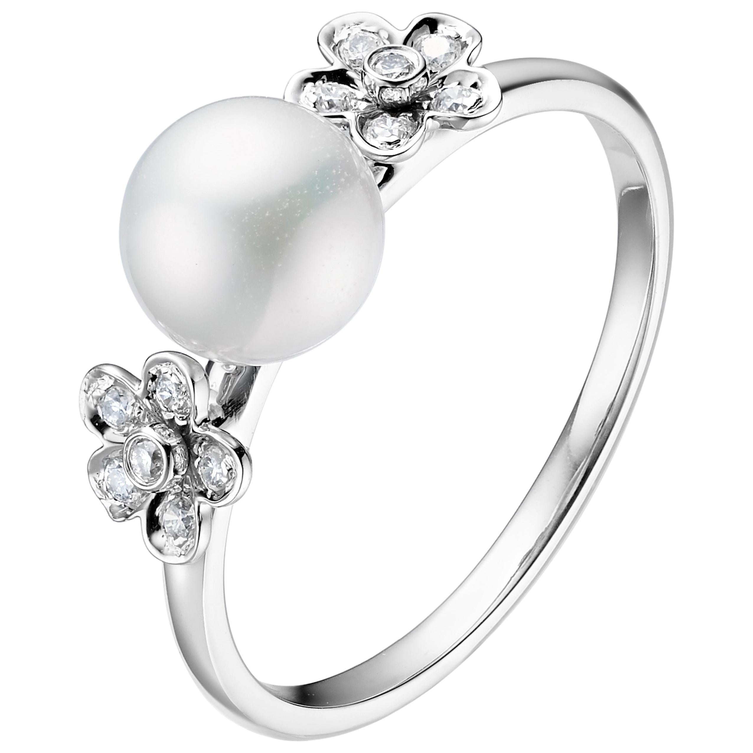 Fei Liu Freshwater Pearl Diamond 18 Karat White Gold Flower Fashion Ring