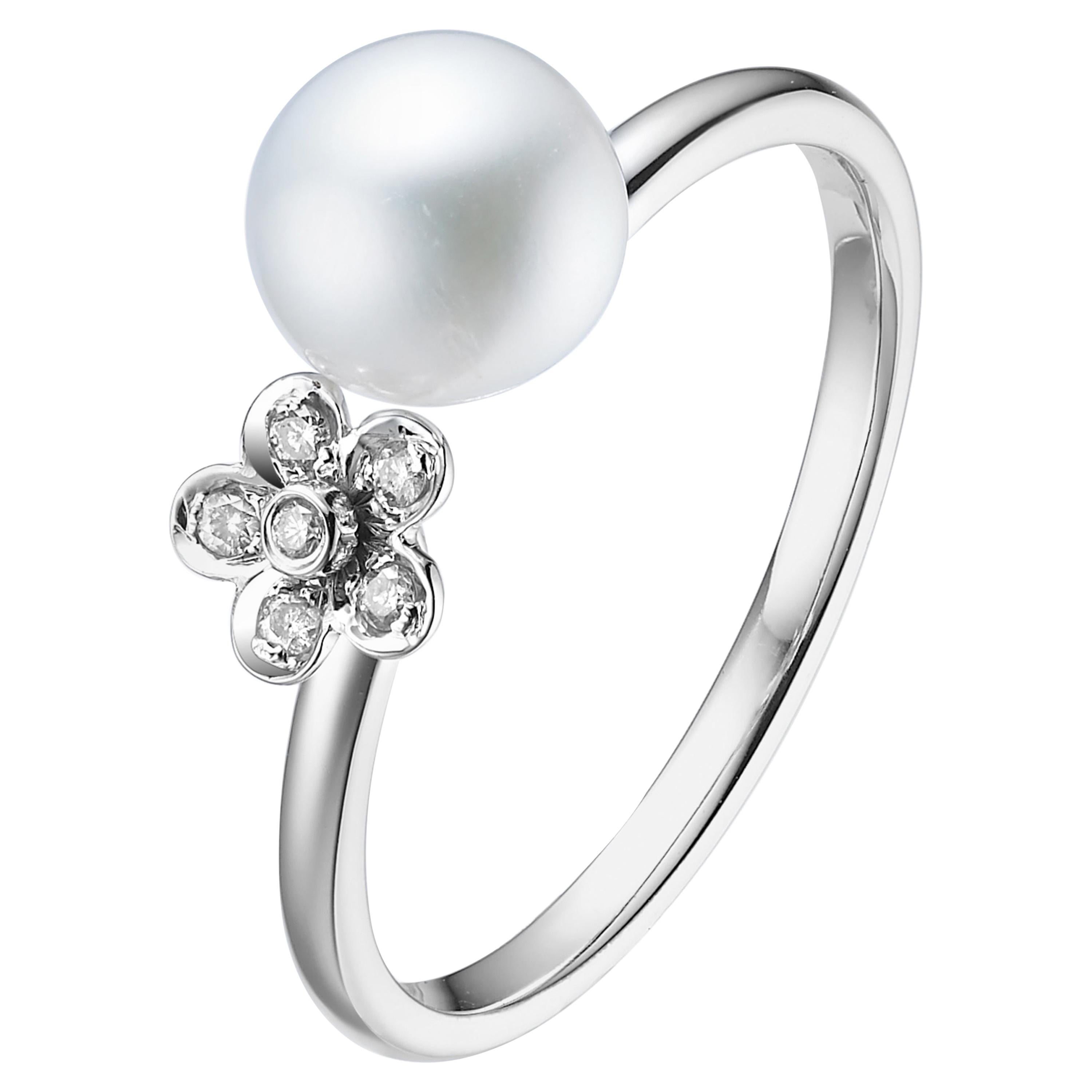 Fei Liu Freshwater Pearl Diamond 18 Karat White Gold Flower Open Ring