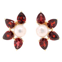 Fei Liu Garnet, Pearl and Diamond 14 Karat Gold Flower Stud Earrings