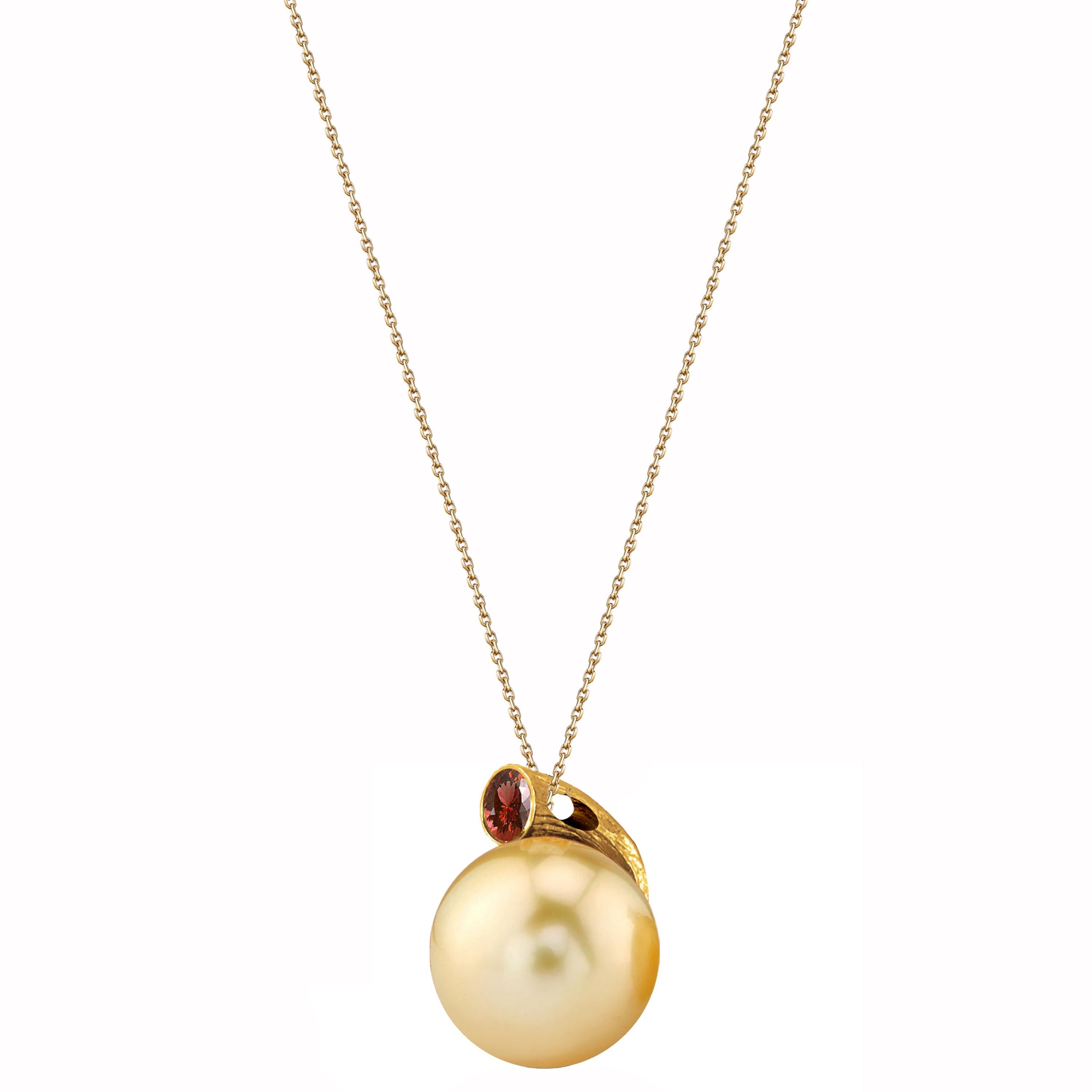 Description:
Dawn stud pendant with 9mm South Sea pearl and 0.03ct garnet, set in textured 18ct yellow gold. Chain is 16 inches + 2 inch extension.

Inspiration:
With the inspiration from Coral forming the sculptural essence of this collection, the