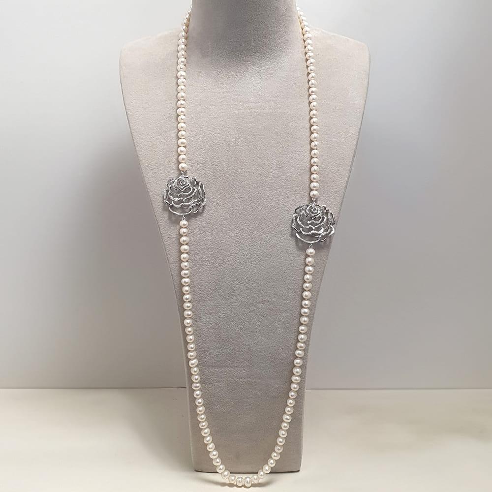 Contemporain Fei Liu Collier opéra à rang unique de perles roses serties de pierres précieuses 925 - 36 pouces en vente