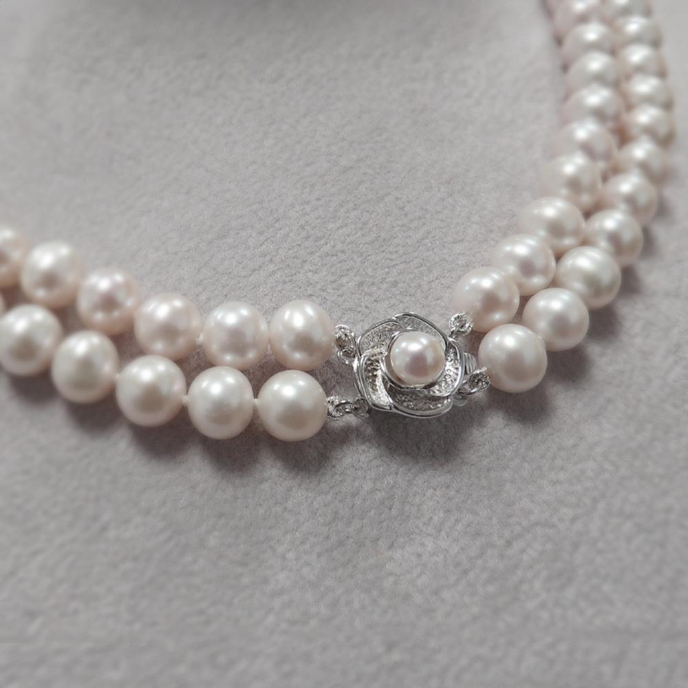 Contemporain Fei Liu Collier de perles à deux brins serties de pierres roses en argent sterling - 16,5 pouces en vente