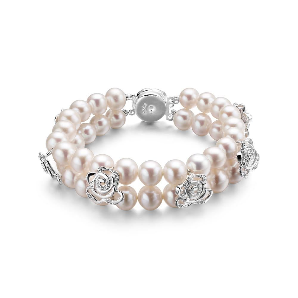 Contemporary Fei Liu Gem-Set Rose Two-Strand Pearl Sterling Silver Bracelet - 7.5 inches For Sale