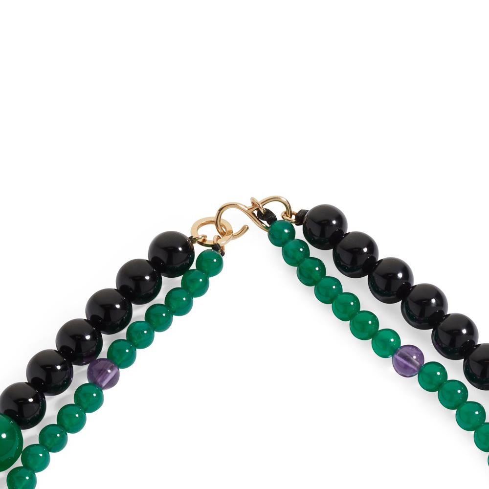 Contemporary Fei Liu Green Agate, Onyx and Amethyst Two Strand Graduated Bead  Necklace - 16  For Sale