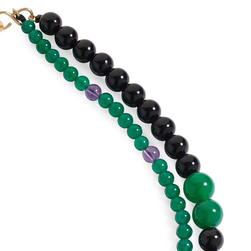 Round Cut Fei Liu Green Agate, Onyx and Amethyst Two Strand Graduated Bead  Necklace - 16  For Sale