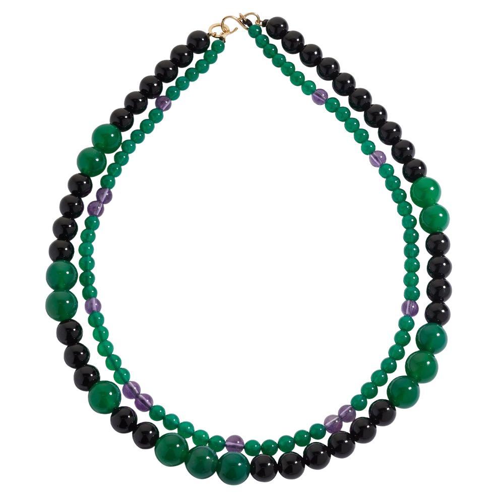 Fei Liu Zweistrangige abgestufte Perlen aus grünem Achat, Onyx und Amethyst  Halskette - 16  im Angebot