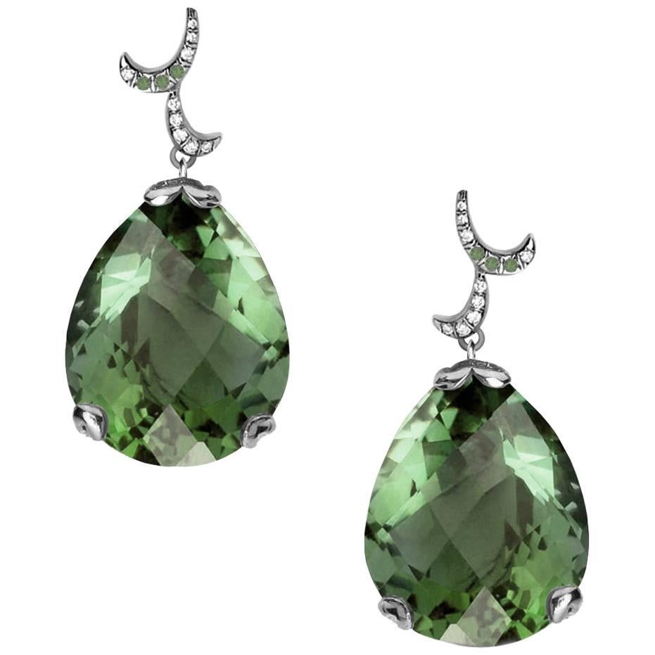 Fei Liu Green Amethyst Diamonds 18 Karat White Gold Pear Stone Drop Earrings For Sale