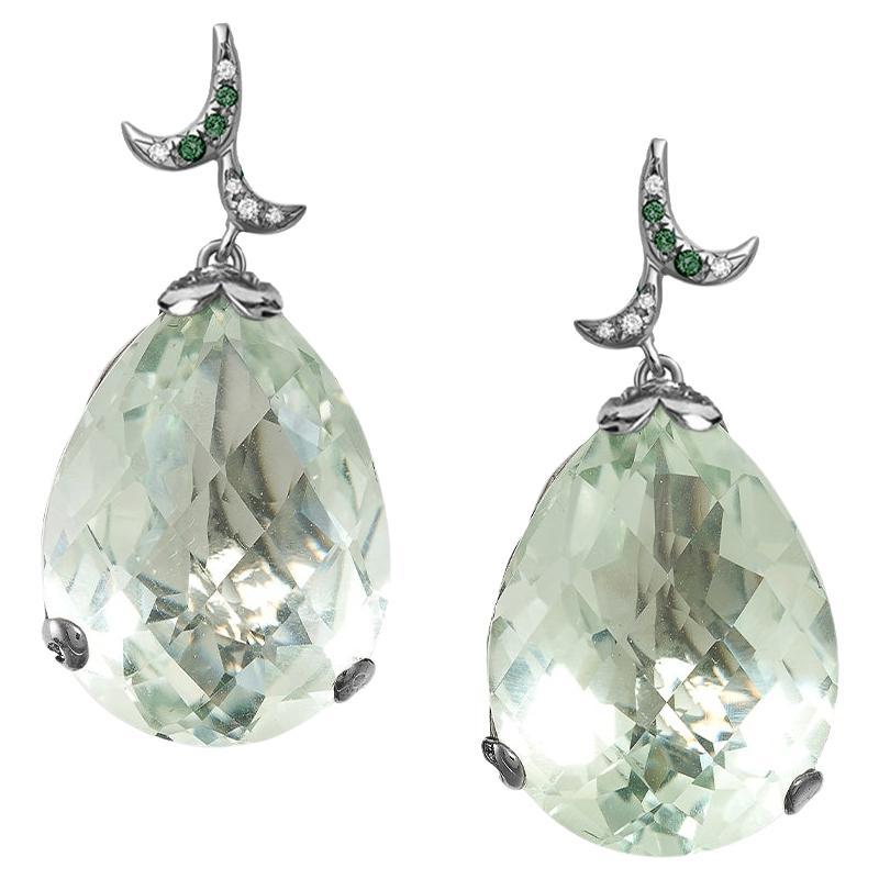 Fei Liu Green Amethyst Diamonds 18 Karat White Gold Pear Stone Drop Earrings For Sale