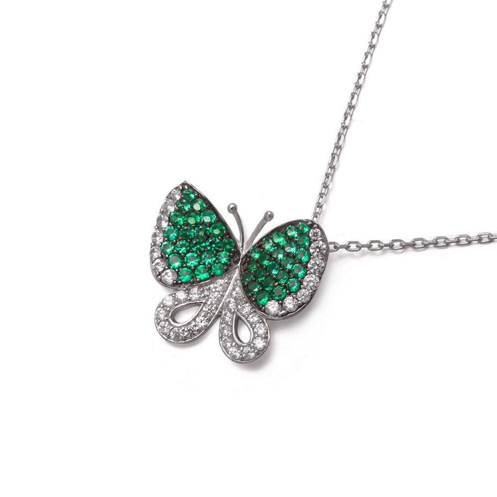 Contemporary Fei Liu Green and White Cubic Zirconia 925 Silver Butterfly Pendant Necklace For Sale
