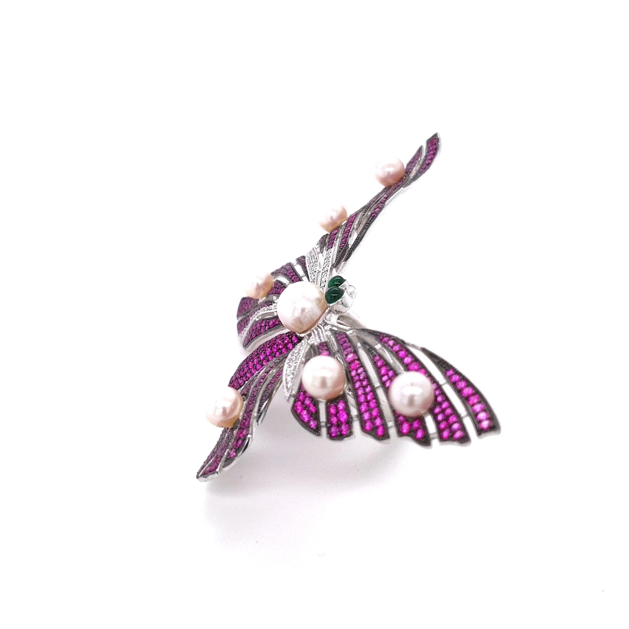 Contemporary Fei Liu Green Cabochon, Pink & White Cubic Zirconia Pearl Silver Butterfly Ring For Sale