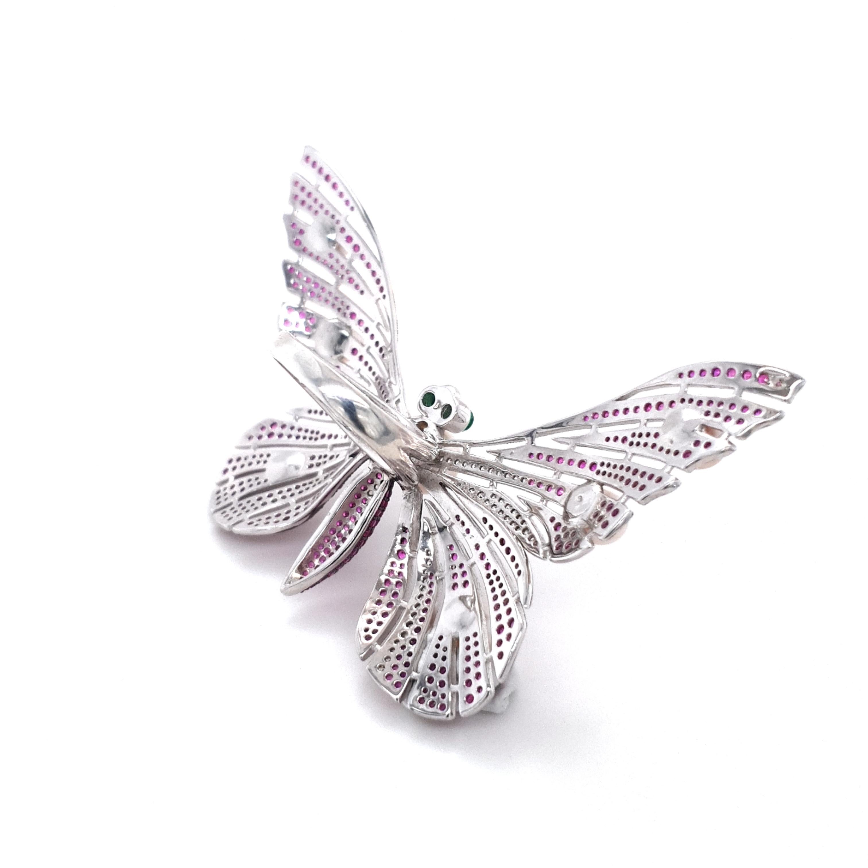 Mixed Cut Fei Liu Green Cabochon, Pink & White Cubic Zirconia Pearl Silver Butterfly Ring For Sale