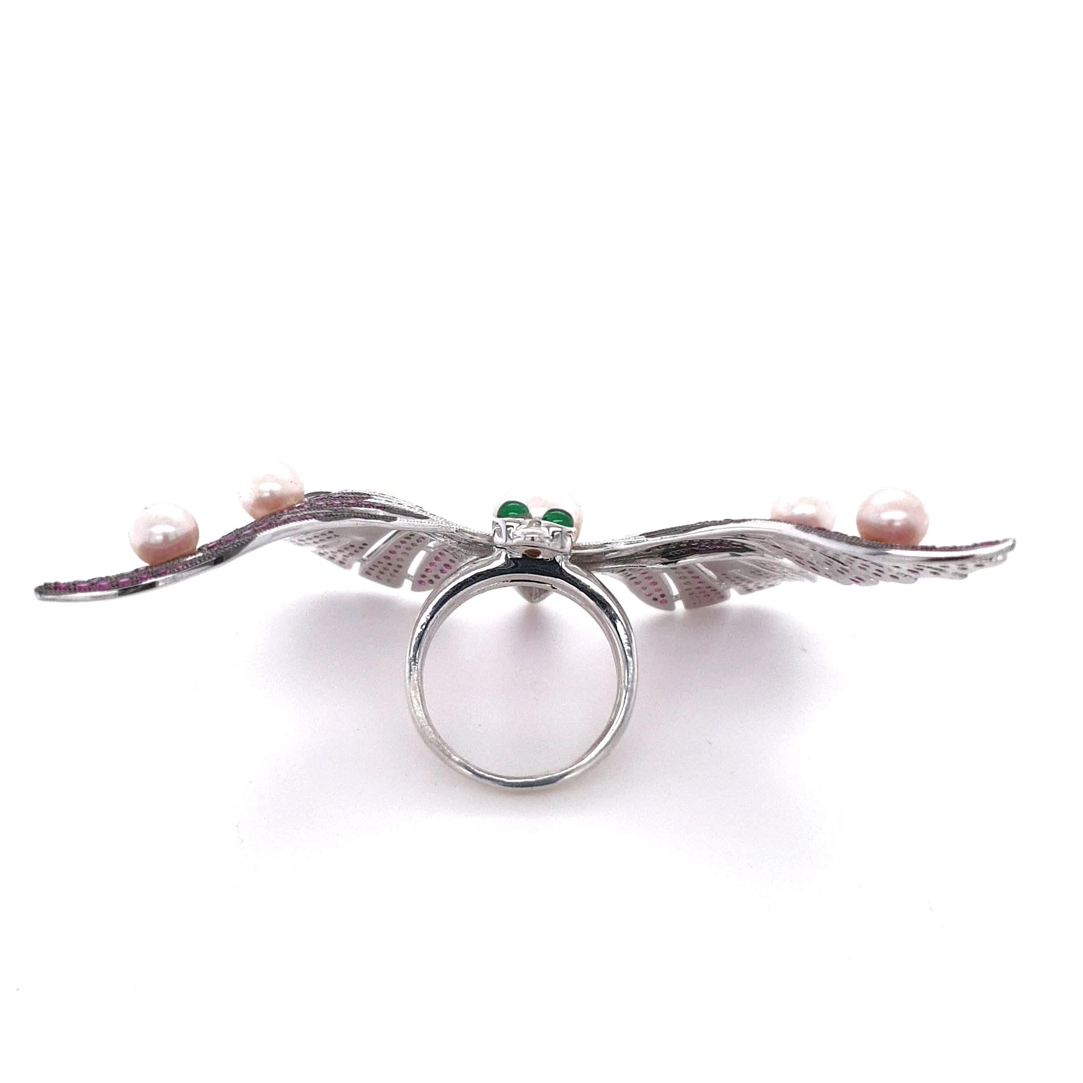 Fei Liu Green Cabochon, Pink & White Cubic Zirconia Pearl Silver Butterfly Ring In New Condition For Sale In Birmingham, GB