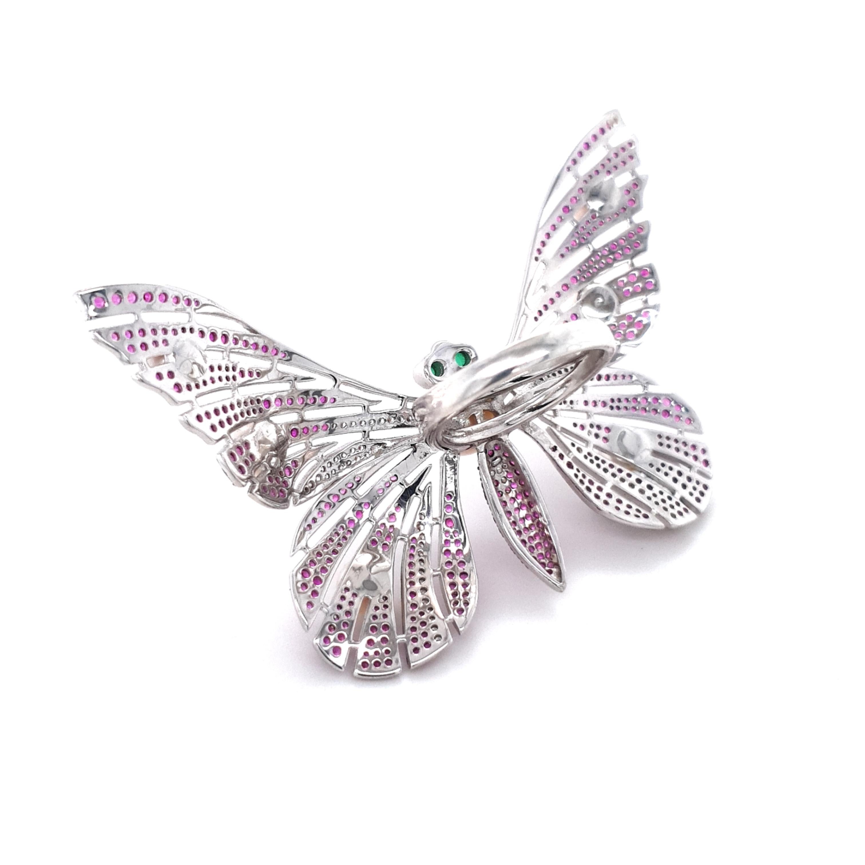 Women's or Men's Fei Liu Green Cabochon, Pink & White Cubic Zirconia Pearl Silver Butterfly Ring For Sale
