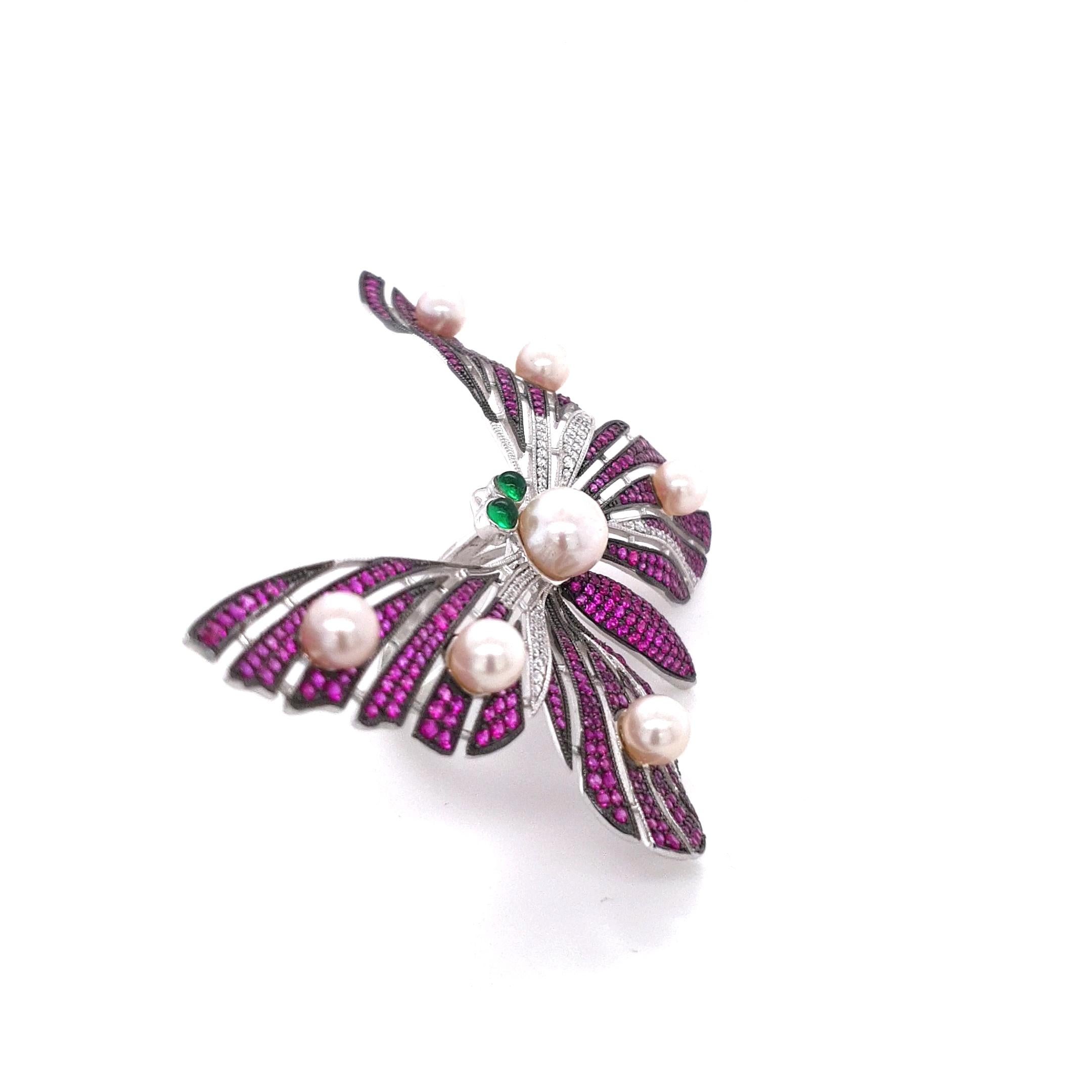 Fei Liu Green Cabochon, Pink & White Cubic Zirconia Pearl Silver Butterfly Ring For Sale 1