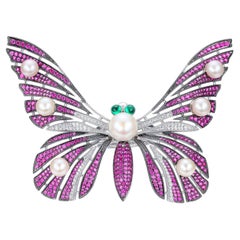 Fei Liu Anello a farfalla in argento con cabochon verde, rosa e bianco, con perle e zirconi