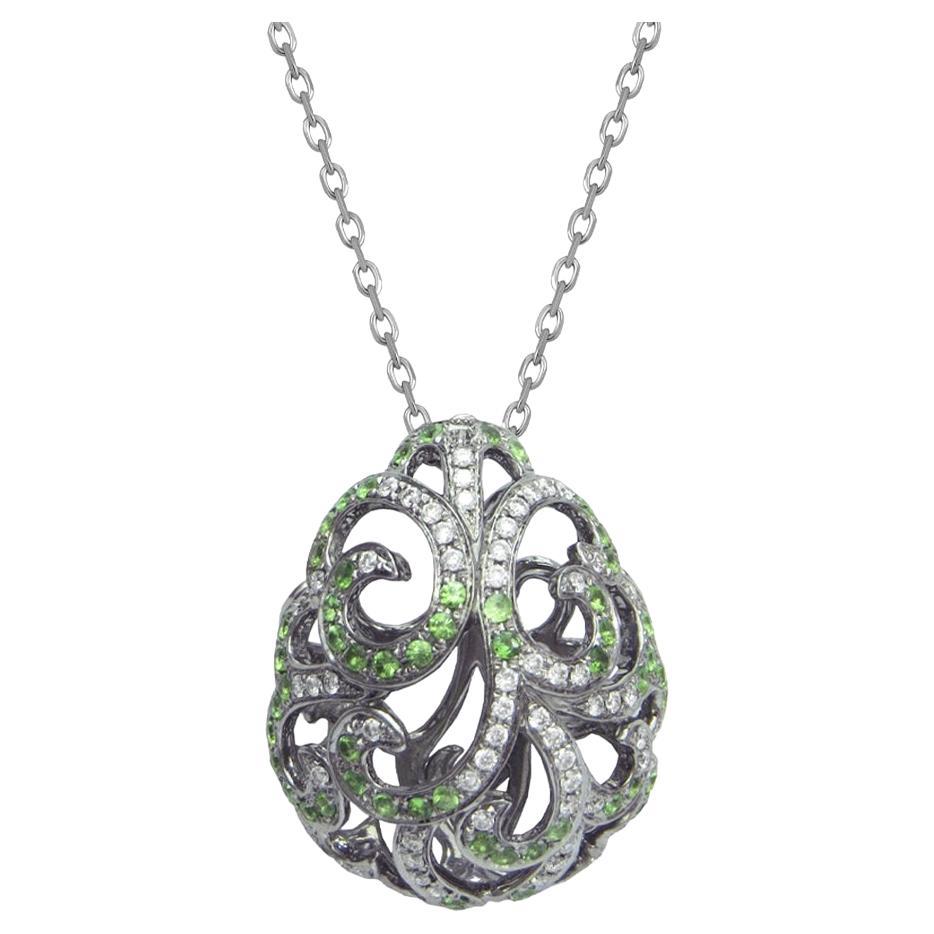 Fei Liu Green Garnet and Dia 18 Karat Gold Openwork Filigree Pendant Necklace