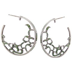 Fei Liu Green Garnet Diamond 18 Karat White Gold Hoop Earrings