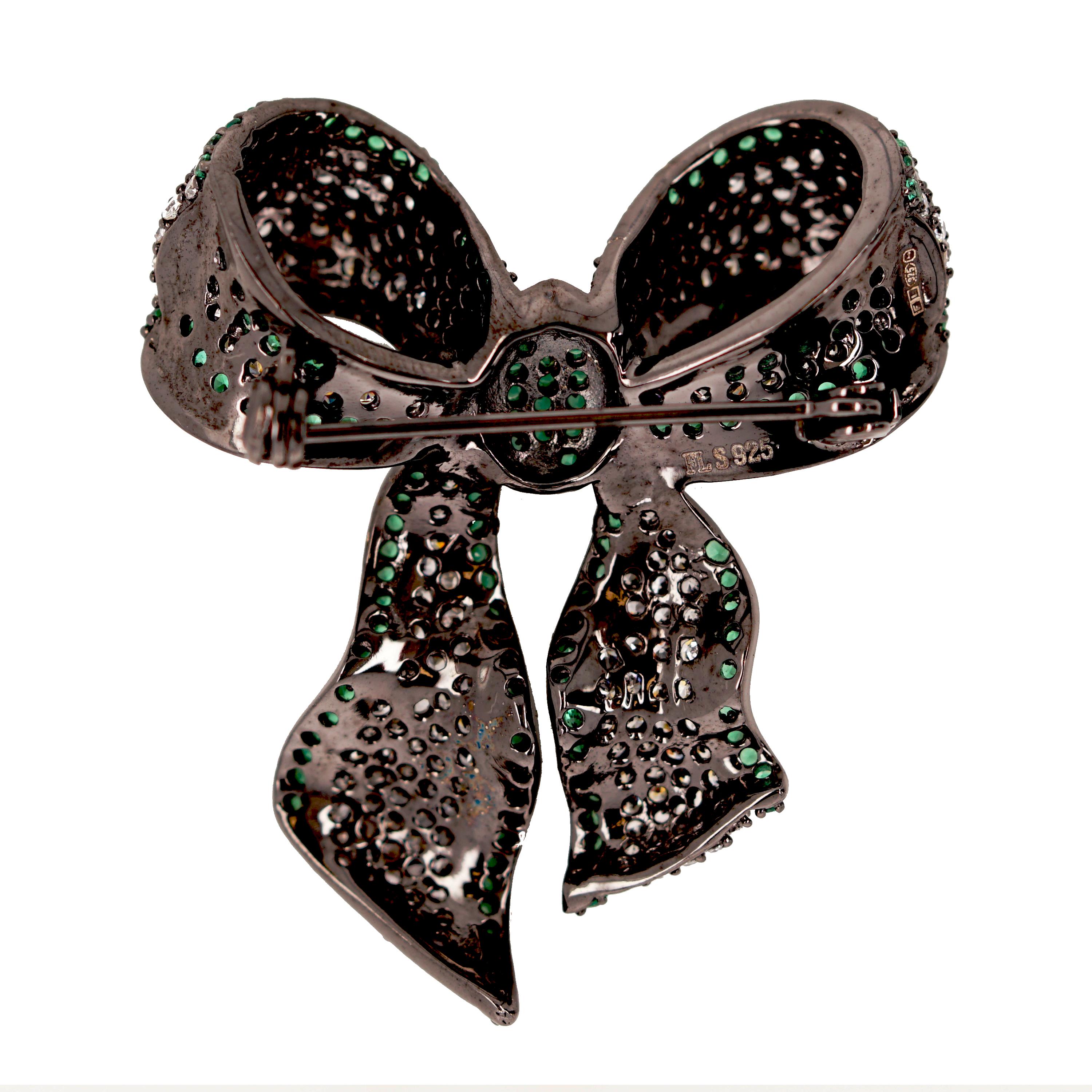 Contemporary Fei Liu Green Gem-Set Black Rhodium Plated 925 Silver Ribbon Bow Brooch