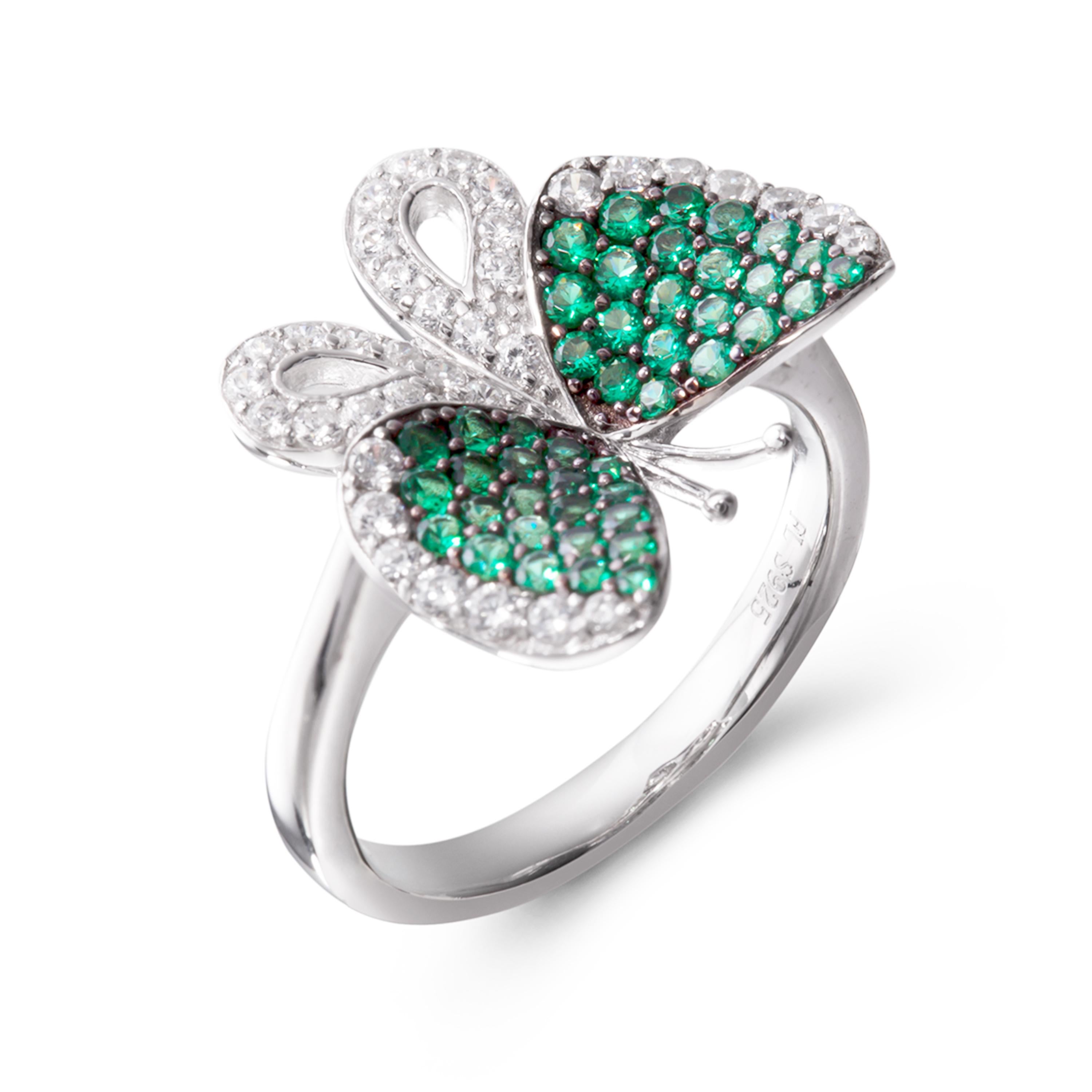 Butterfly captures the feminine essence and the carefree, joyful movement of these intricate and delicate creatures in sparkling weightless jewels. Butterfly ring with wings bejewelled in emerald green and white cubic zirconia set in white rhodium