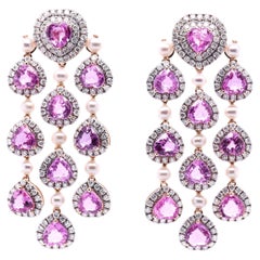 Fei Liu 18 Karat Kronleuchter-Ohrringe mit rosa Saphiren, Diamanten und Perlen im Herzschliff