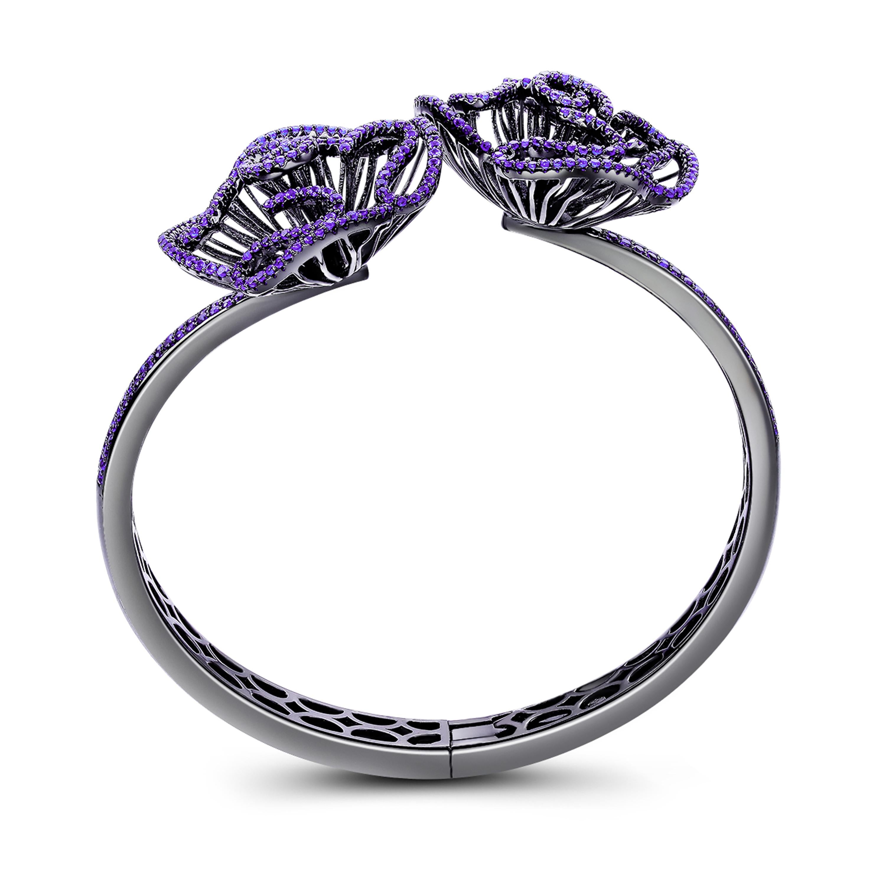 Contemporary Fei Liu Hearts and Arrows Purple Cubic Zirconia Oxidised Silver Bangle Bracelet