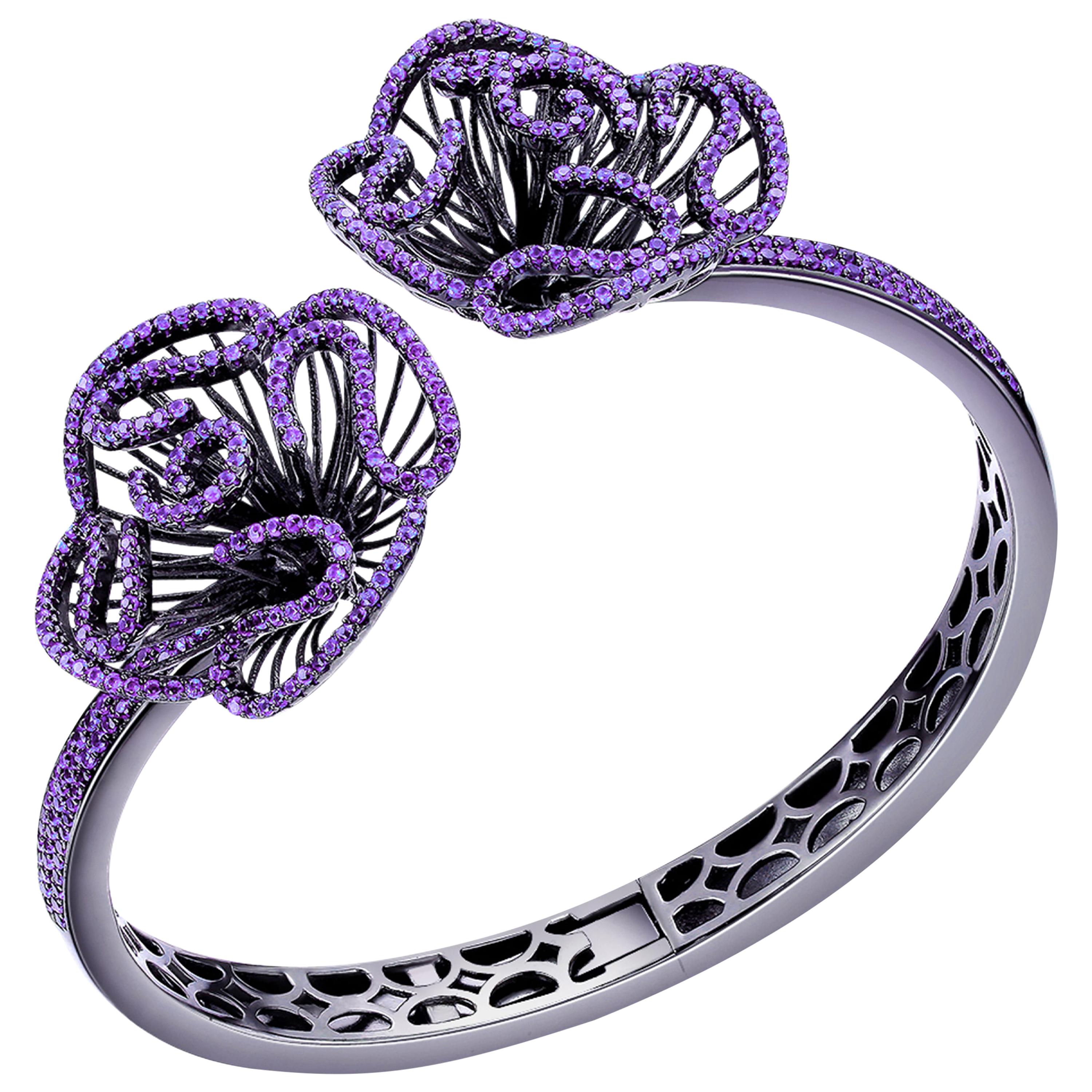 Fei Liu Hearts and Arrows Purple Cubic Zirconia Oxidised Silver Bangle Bracelet