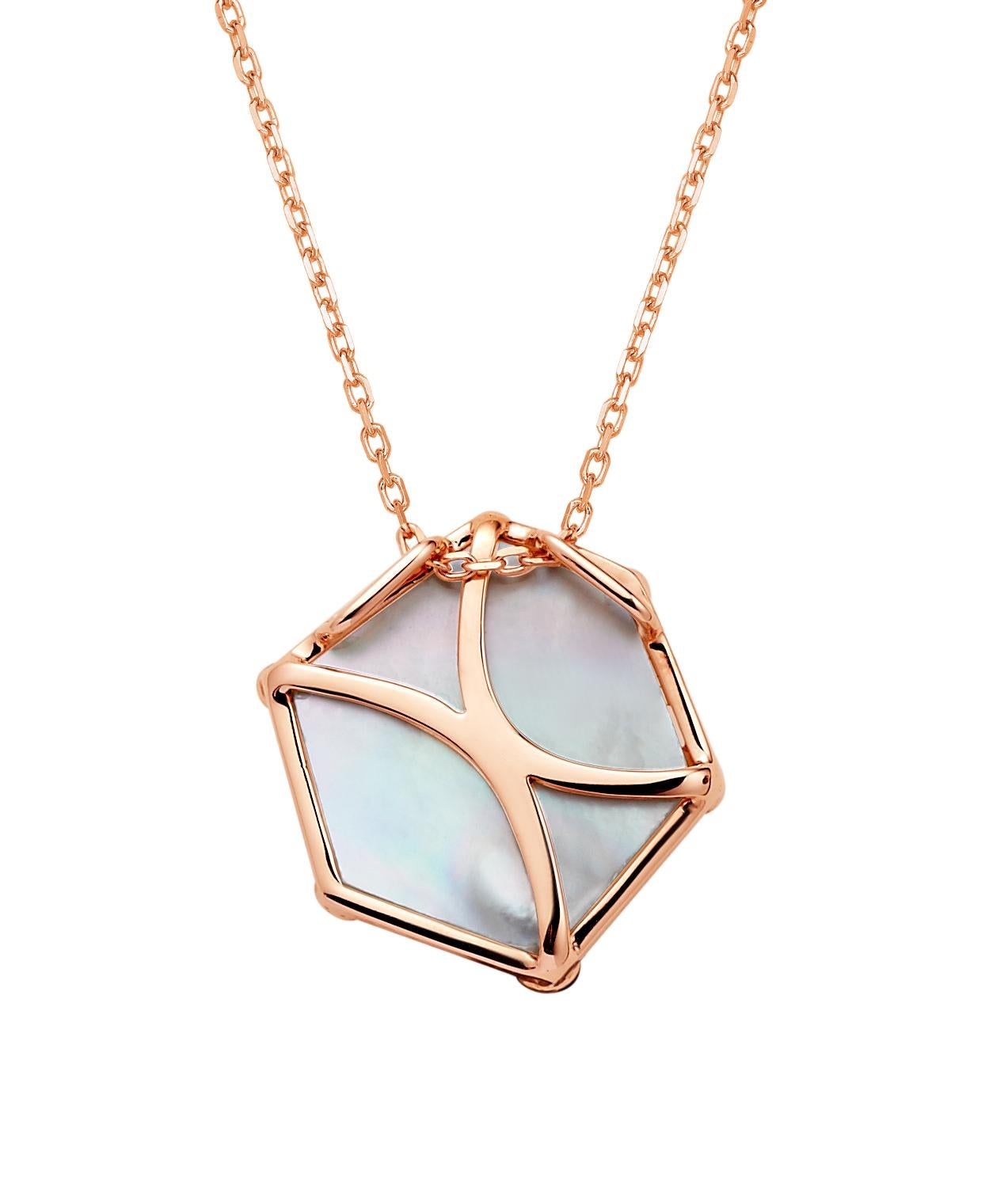 Contemporary Fei Liu Mother of Pearl Pink Sapphire 18 Karat Rose Gold Hexagon Necklace